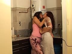 Zwei Lesben küssen sich in der Küche